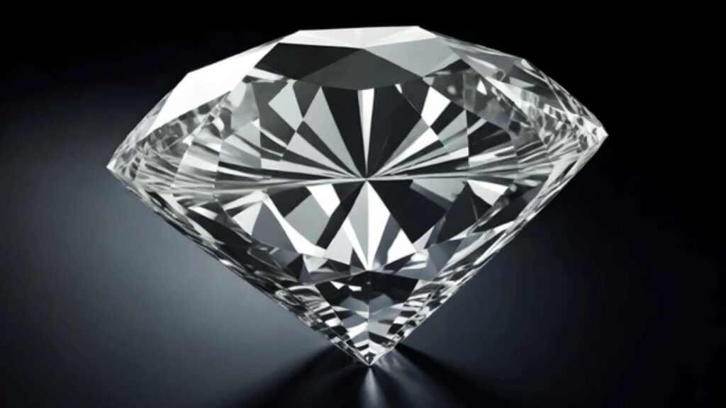 A single, brilliant, round-cut diamond with clear facets, displayed against a dark, slightly reflective background.