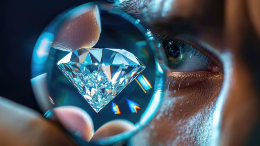 A person's eye and hand holding a diamond up to a lens, magnifying its brilliance and clarity.