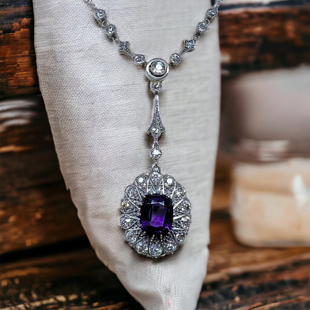 A rare, antique diamond and amethyst pendant from Wulf Diamond Jewelers.