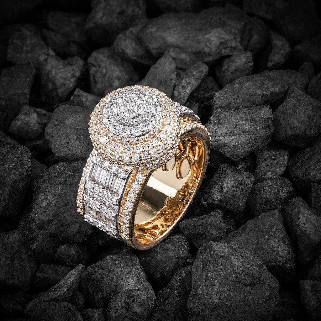  A diamond ring that features multiple different diamond cuts, each complementing the next.