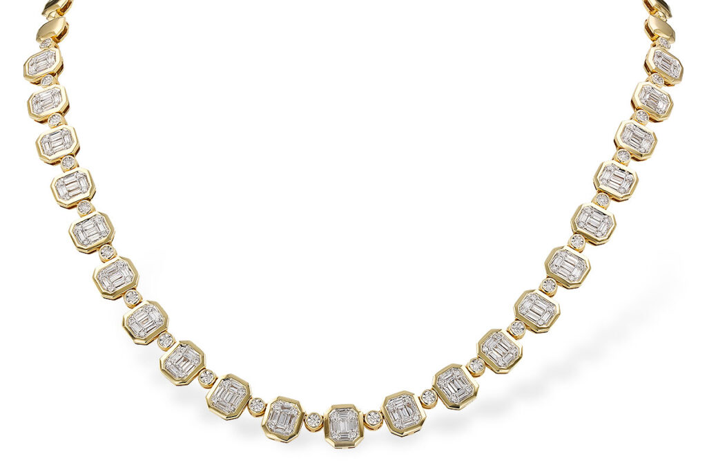 A gold necklace featuring emerald-cut diamonds in an alternating bezel and prong setting, displayed on a white background.