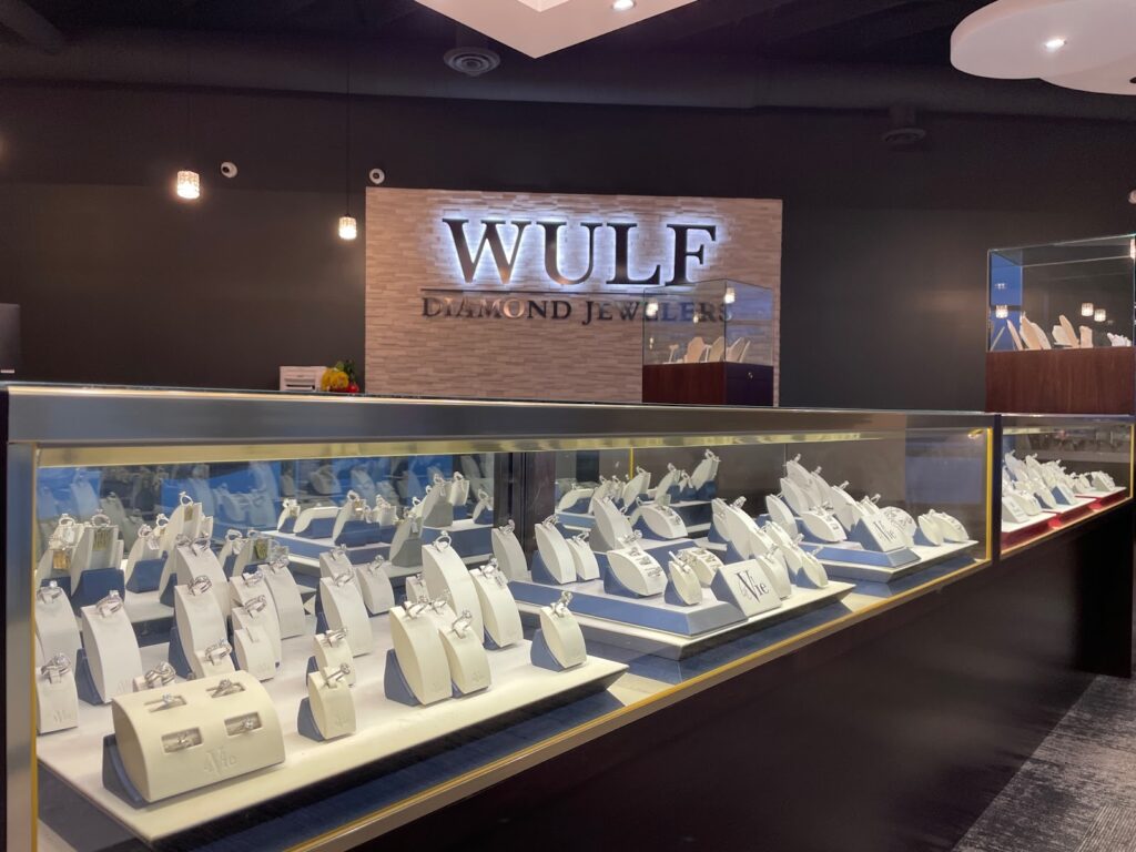  A diamond engagement ring display at Wulf Diamond Jewelers, a top-rated jewelry store in Crown Point, Indiana.