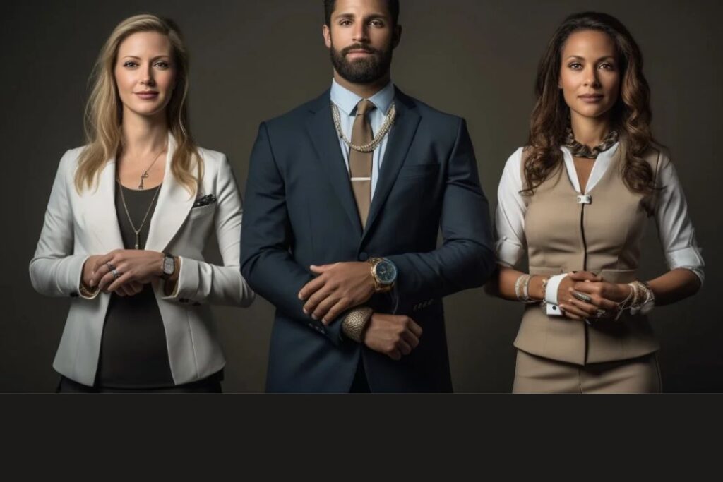 Three stylish professionals in suits, showcasing their Jewelry Choices including necklaces and watches.