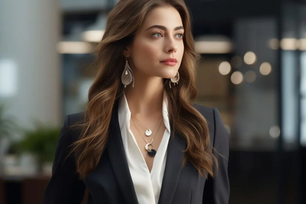 A smiling woman in a white blouse with unique earrings, perfect for Luxury Jewelry for Client Meetings from Wulf Diamond Jewelers.