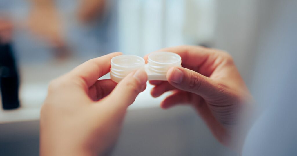 
Hands holding two small containers, an unconventional solution for vacation jewelry storage from Wulf Diamond Jewelers.
