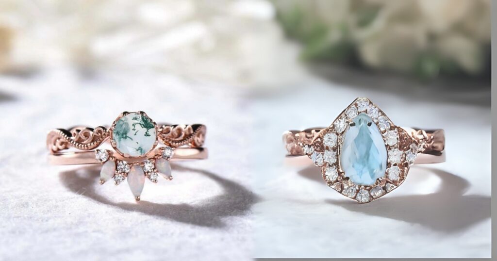 Two uniquely designed rings with gemstones and diamonds are displayed, representing exquisite Wedding jewelry for destination celebrations by Wulf Diamond Jewelers.
