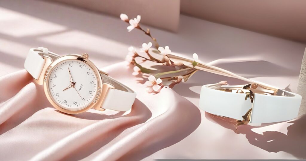Elegant white watch with rose gold casing and a matching white bracelet, perfect for a minimalist vacation jewelry look by Wulf Diamond Jewelers.