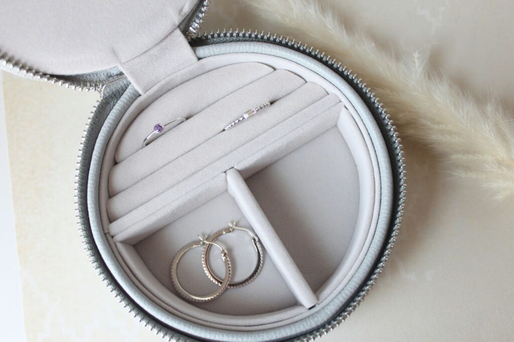
Wulf Diamond Jewelers offers elegant vacation jewelry storage solutions, seen here with rings and earrings in a travel box.