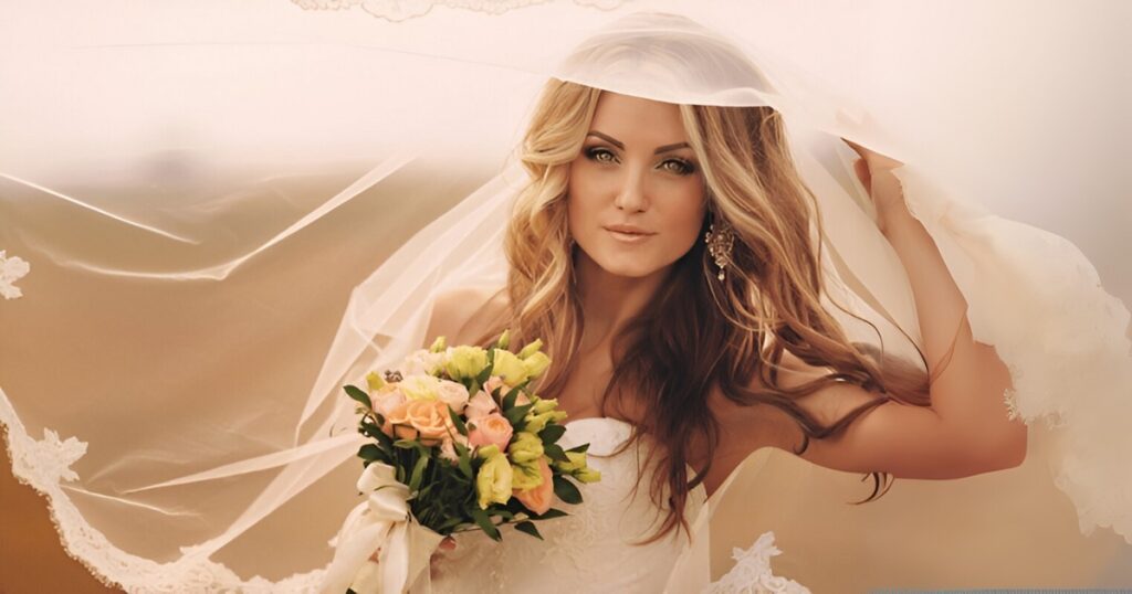 A smiling bride holds a bouquet, veil blowing in the wind, wearing a beautiful earring and necklace, exemplifying Wedding jewelry for destination events by Wulf Diamond Jewelers.