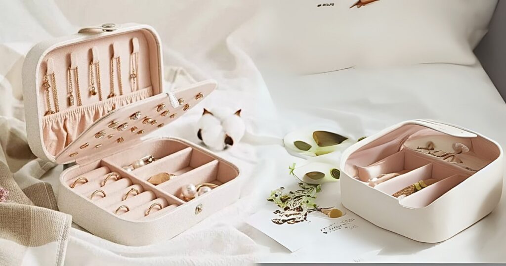 Two jewelry boxes, one open and one closed, on a white bed, demonstrating an organized way of packing jewelry for vacation from Wulf Diamond Jewelers.