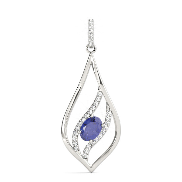 A sleek white gold pendant with an oval blue sapphire and pavé diamonds, featuring lightweight travel necklaces by Wulf Diamond Jewelers.