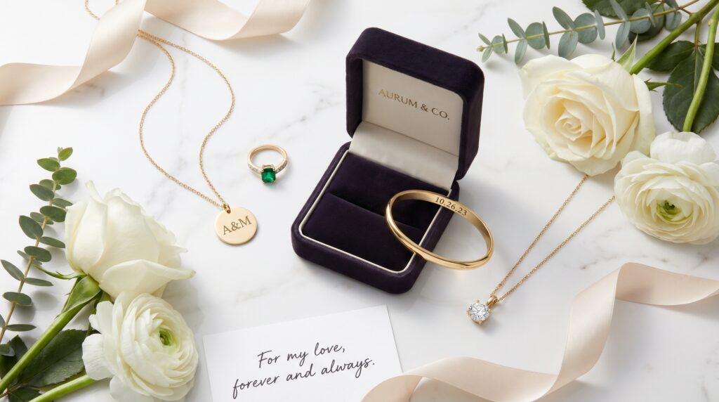 Personalized fine jewelry including engraved necklace and birthstone ring for meaningful special occasions.