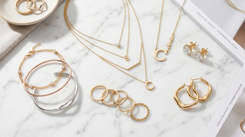 Collection of modern women's jewelry featuring layered necklaces, stacking rings, and minimalist gold accessories.