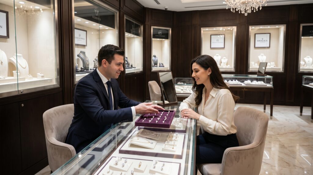 Customer shopping for fine jewelry in a luxury jewelry store with expert guidance and personalized service.