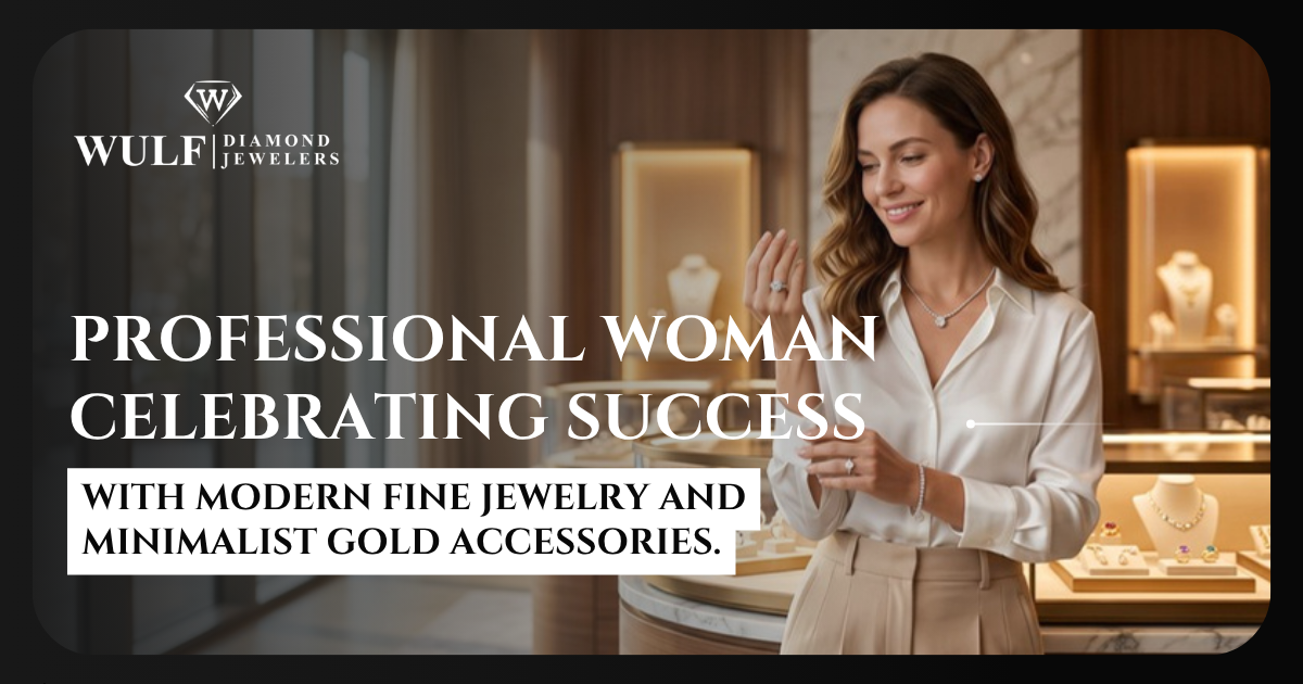 Professional woman celebrating success with modern fine jewelry and minimalist gold accessories.