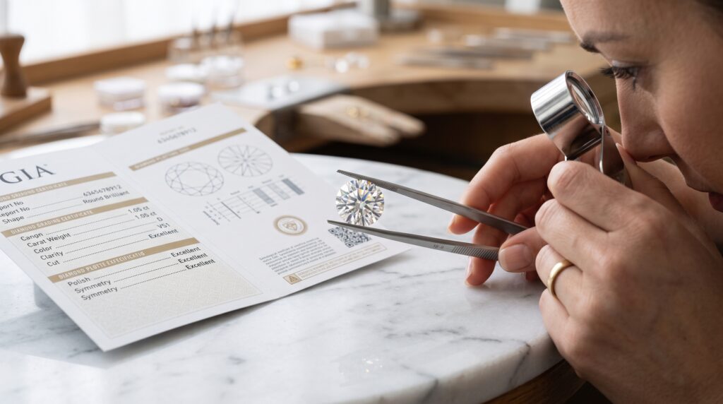 Certified diamond being inspected by a professional jeweler with grading certificate.