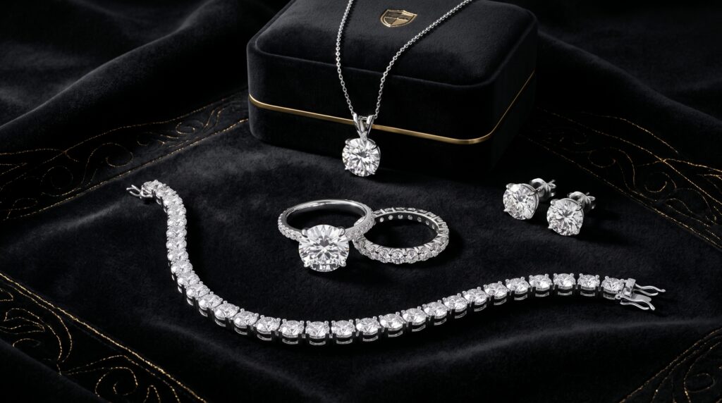 Luxury diamond jewelry collection with engagement ring, necklace, earrings, bracelet, and wedding band.