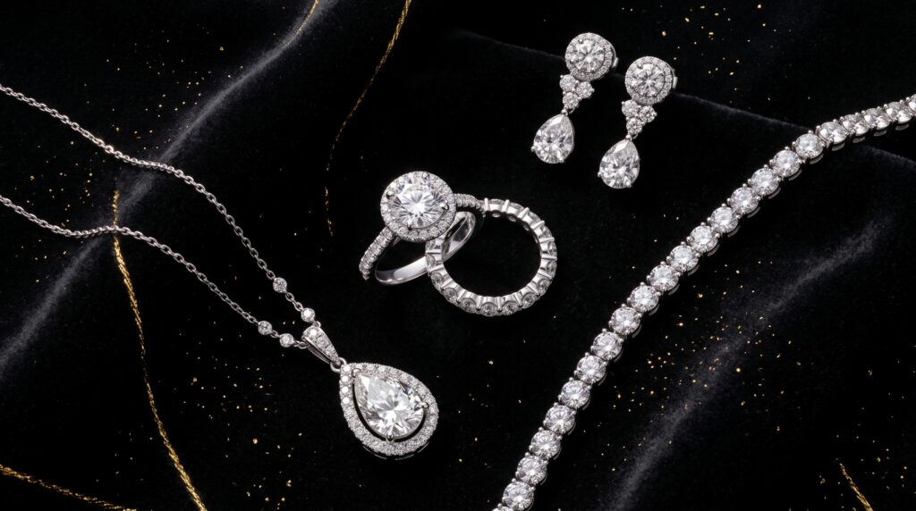Luxury diamond jewelry collection including engagement ring, necklace, earrings and bracelet.