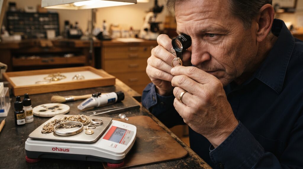 gold and silver appraisal with jewelry being inspected and tested