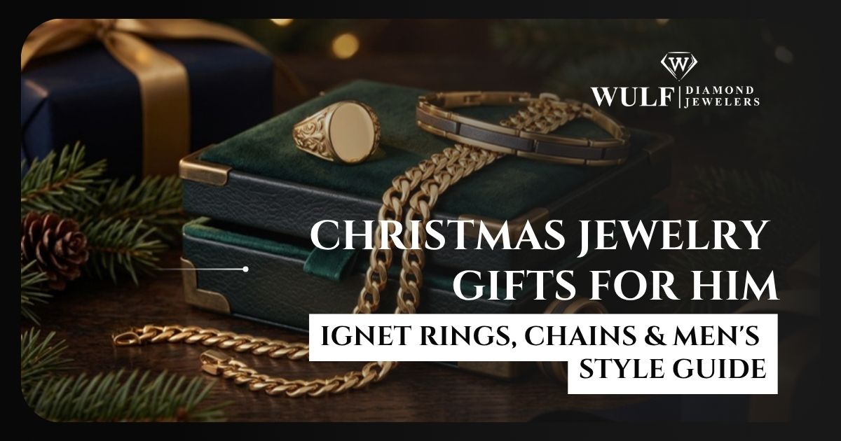Christmas jewelry gifts for him featuring a gold signet ring and men's chain